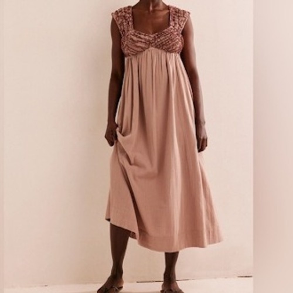 Free People Feel The Frill 100% Cotton Midi Dress A-Line Sleeveless Brown Medium